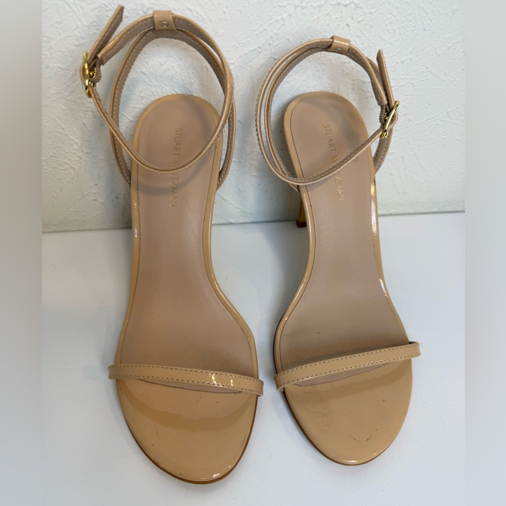 Stuart Weitzman Dancer 95 Patent Leather Sandals Beige Size 6.5 - Picture 2 of 7